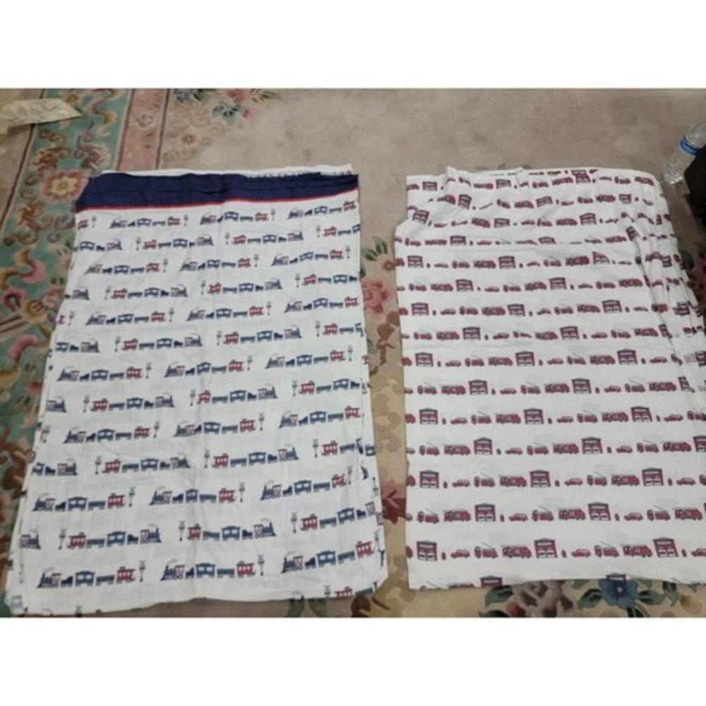 Set of 2 Twin Flat Sheets Colorful Trains Red Blue Firetrucks‎ White Fabric